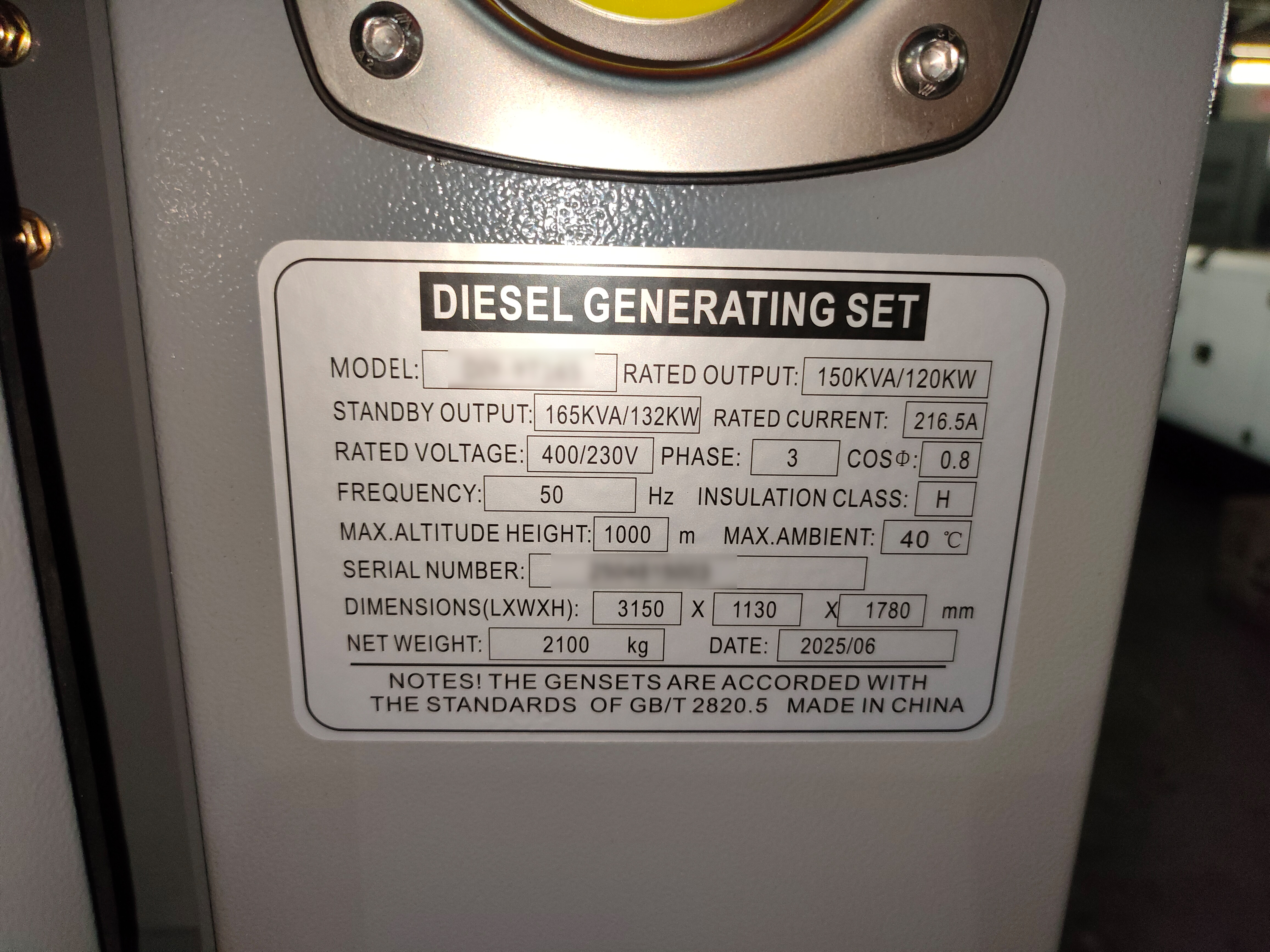 Grupo gerador diesel DIY-DP165 YTO LR6B3L-15 120kW 150kVA 50Hz