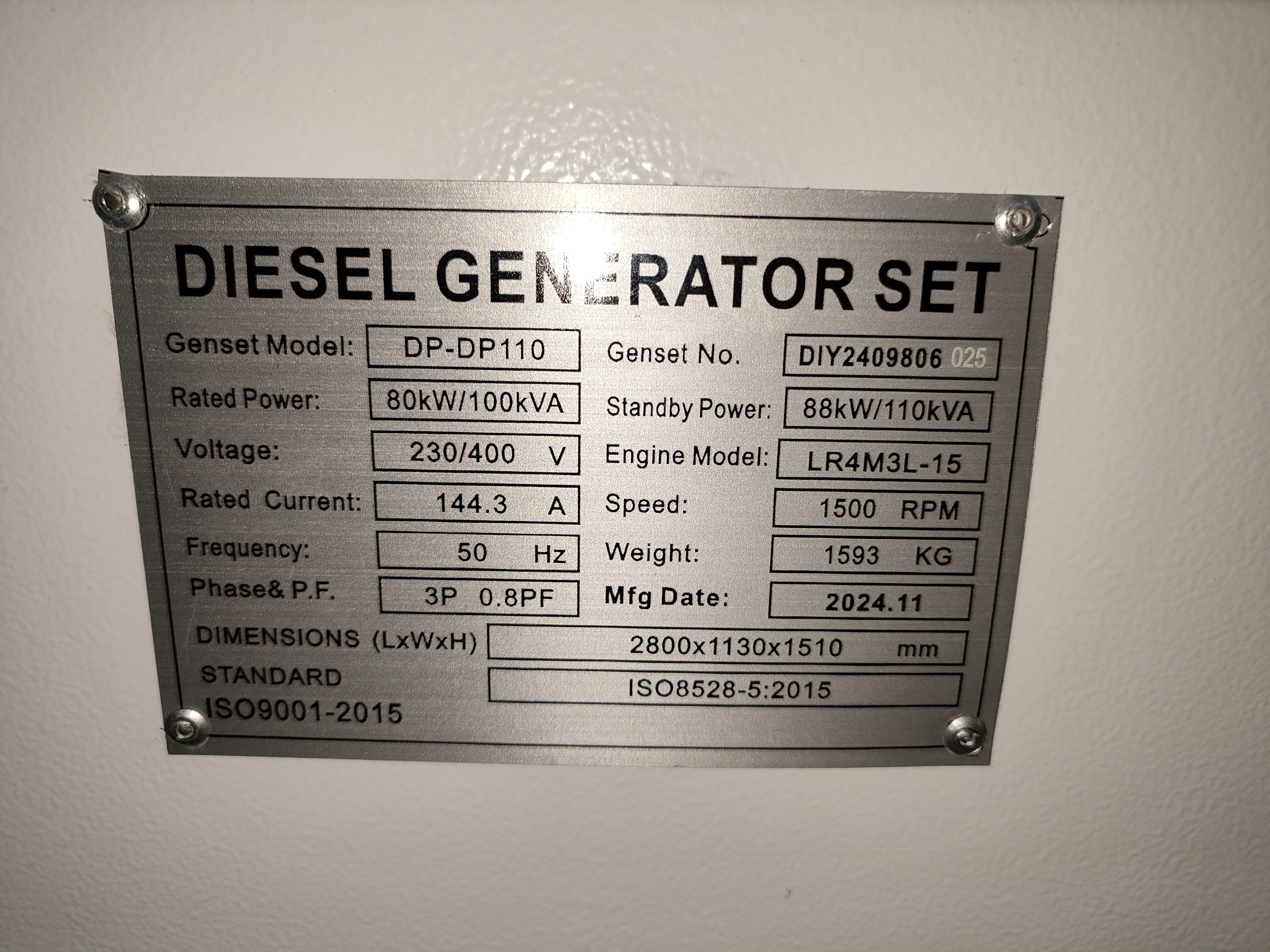 Grupo gerador diesel DIY-DP110 YTO LR4M3L-15 80kW 50Hz