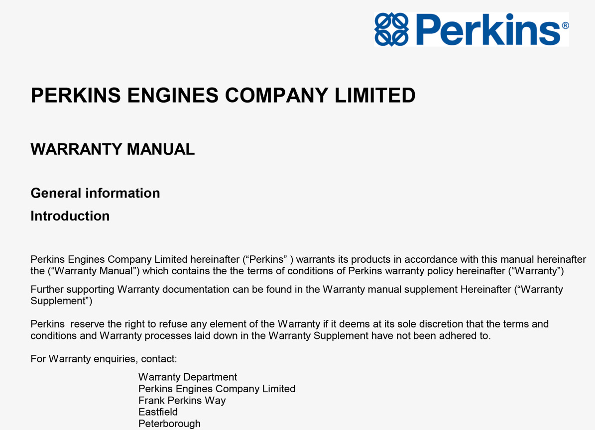 Edição do manual de garantia da Perkins Engien