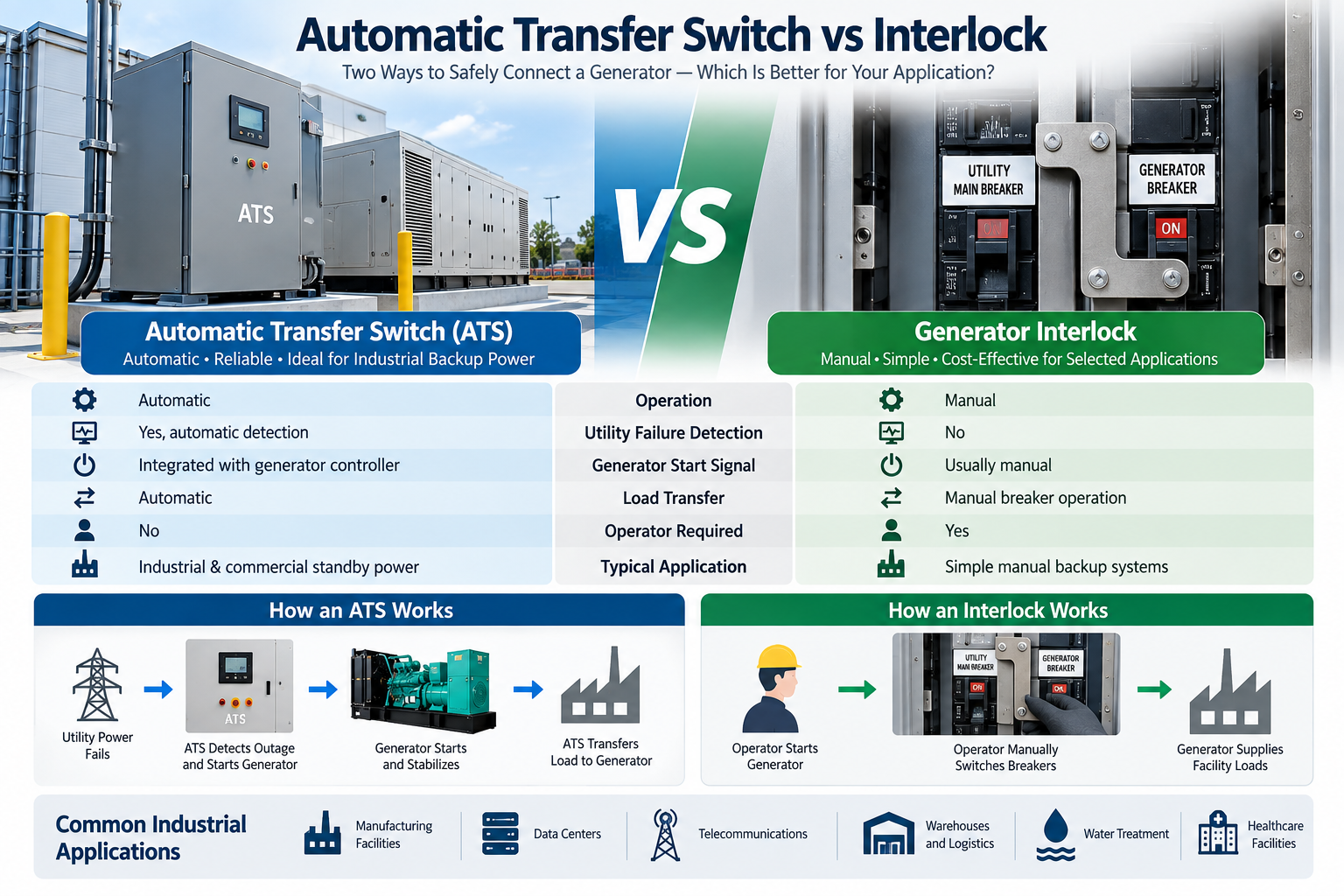 ATS vs Interlock: 7 diferen&ccedil;as principais para sistemas geradores industriais