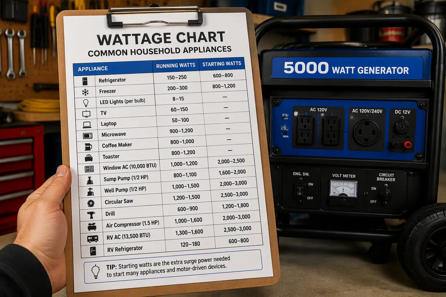 Tabela de pot&ecirc;ncia do aparelho gerador de 5.000 watts